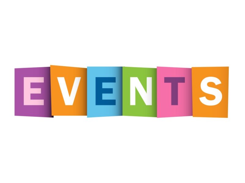 Colorful block letters spelling "EVENTS" on a white background, each letter in a different vibrant color.
