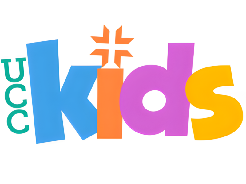 UCC Kids logo with colorful stick-figure children holding hands, symbolizing joy, diversity, and faith-based community.
