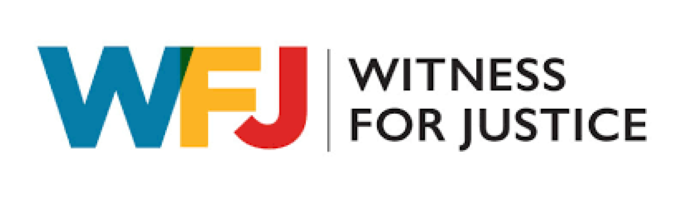 Colorful capital letters WFJ with descriptive text Witness for Justice next to them.