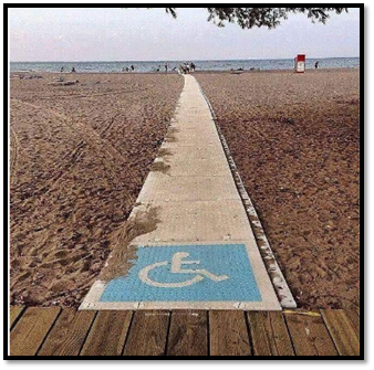 A beach accessibility path with a wheelchair symbol leads across the sand to the shoreline.