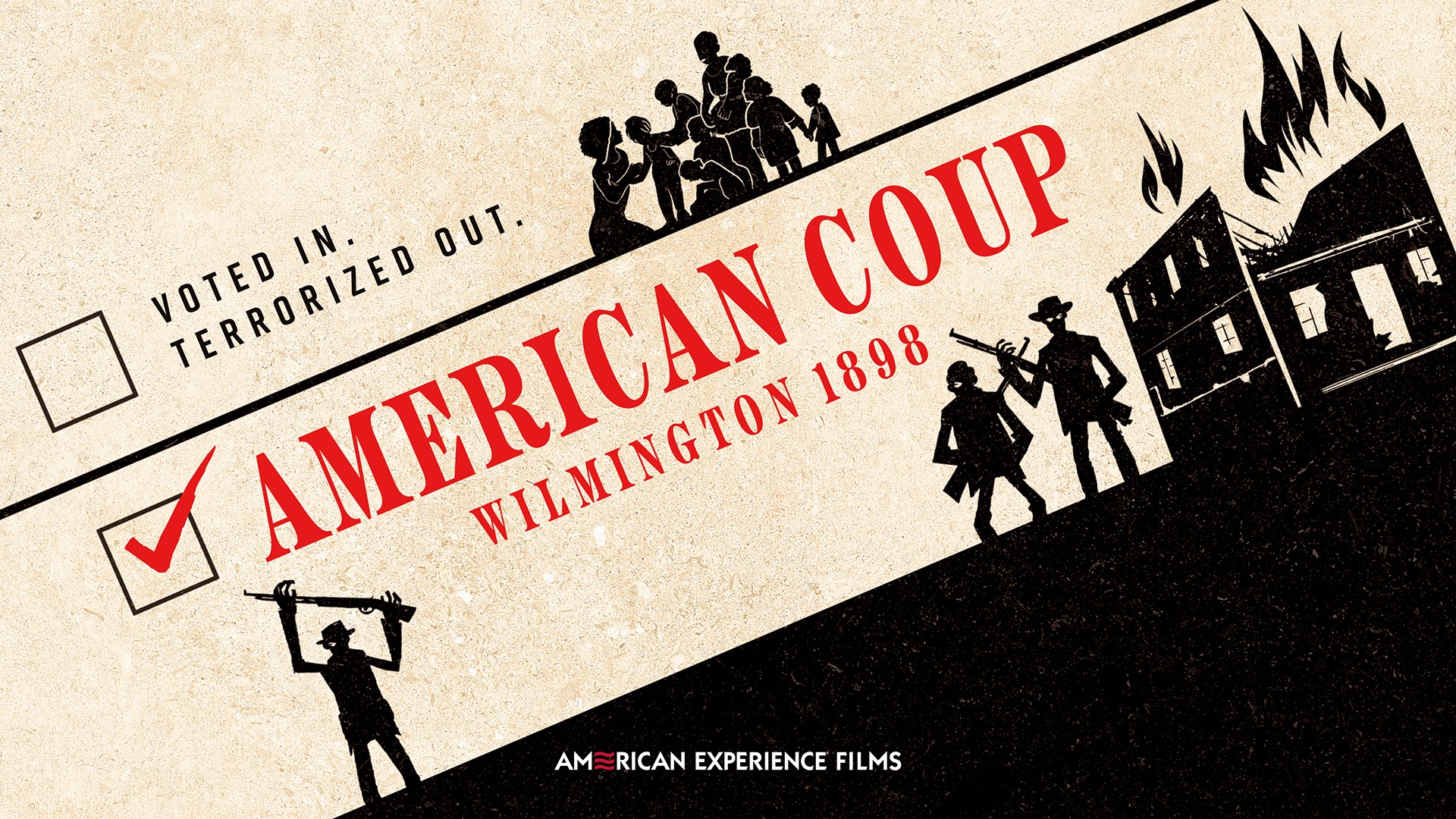 Poster image for the documentary “American Coup: Wilmington 1898,” showing historical figures and faded newspaper headlines that highlight the violent overthrow of Black political power in North Carolina.