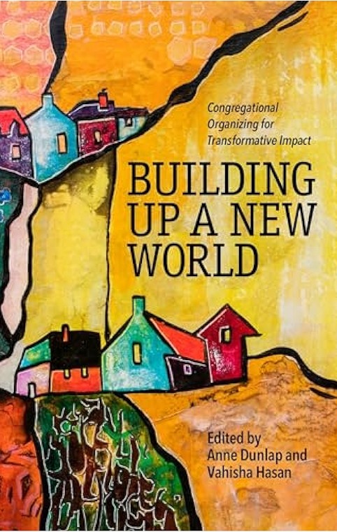 Colorful, abstract cover of the book “Building Up a New World” featuring vibrant houses on a split, textured landscape.