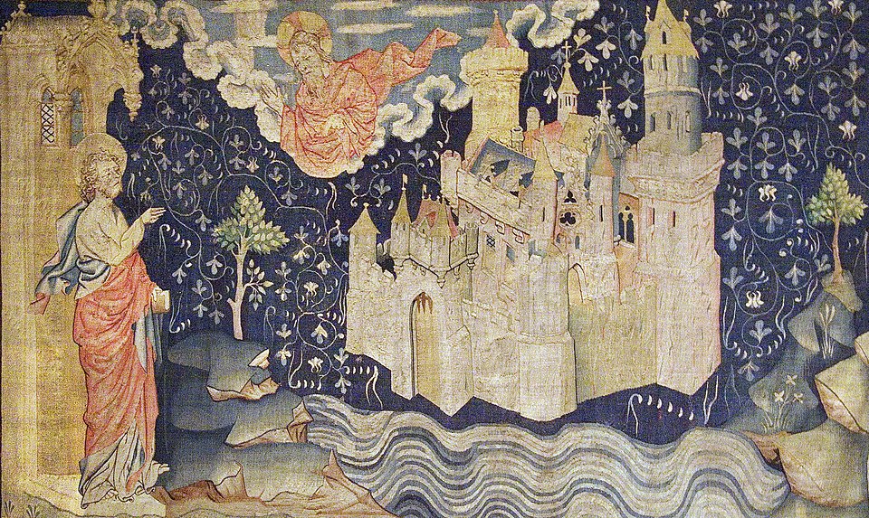 John of Patmos gazes upon the radiant New Jerusalem descending from heaven, in a richly detailed medieval tapestry.