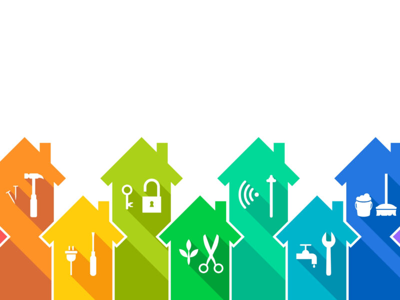 Colorful row of house icons with maintenance symbols representing various building and facility services.