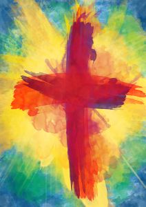 A vivid watercolor cross painted in red and orange, radiating yellow, blue, and green light.