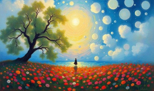 A lone figure stands in a vibrant flower field beneath a radiant sun, with a sprawling tree on the left and a sky full of glowing orbs and soft clouds.