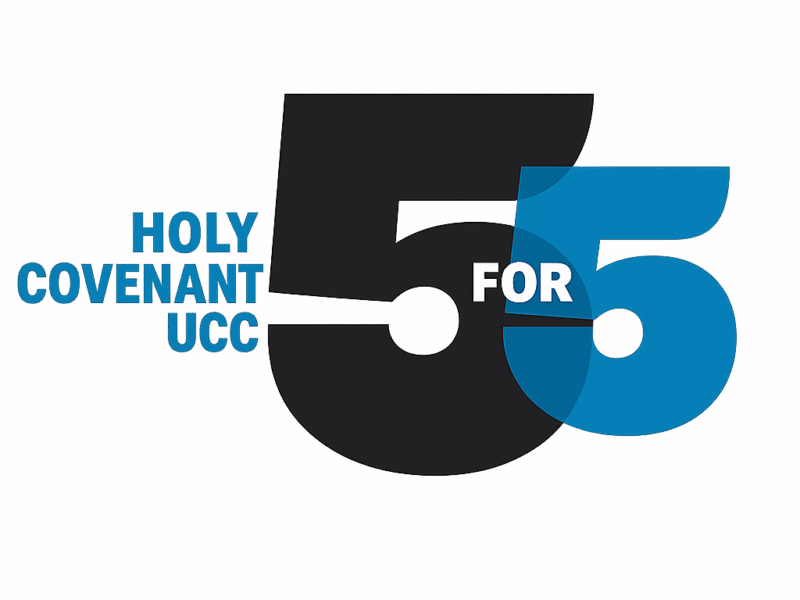 5 for 5 logo with “Holy Covenant UCC” text beside overlapping black and blue number fives and the word “FOR” in white at the center.