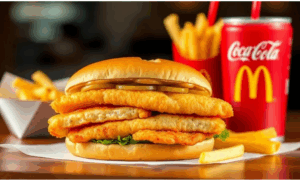 Fish sandwich, drink and French fries