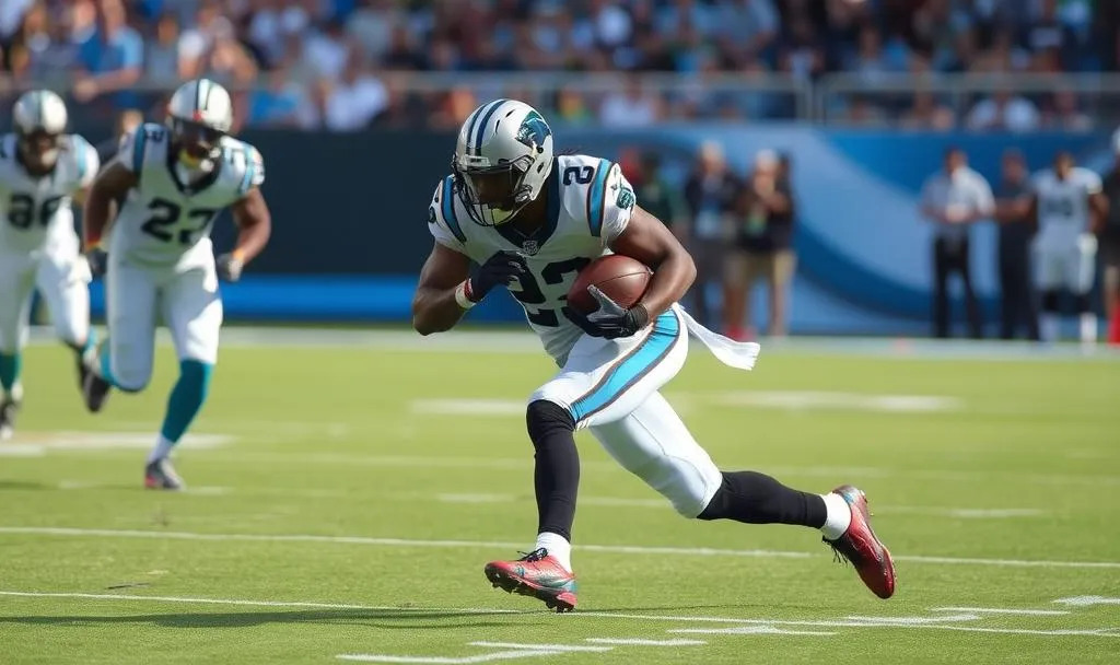 A Carolina Panthers football player leans forward mid-stride, holding the ball tightly as he charges ahead on the field, with teammates and opponents blurred in the background.