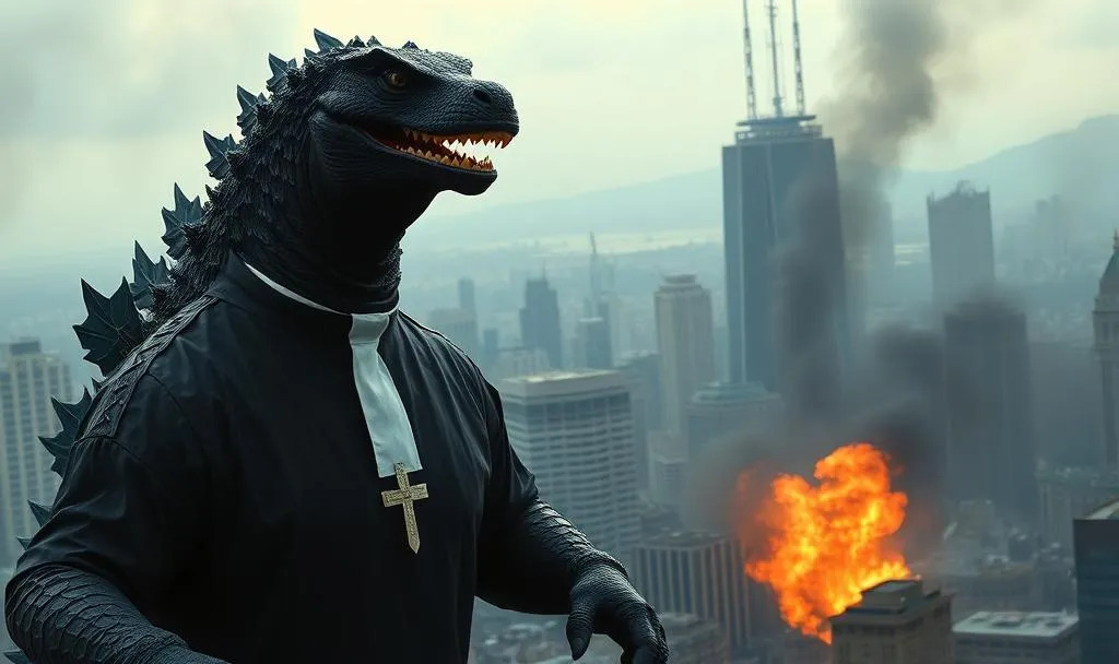 Godzilla wearing a clergy collar and cross necklace, standing over a city skyline as buildings burn and smoke rises in the background.