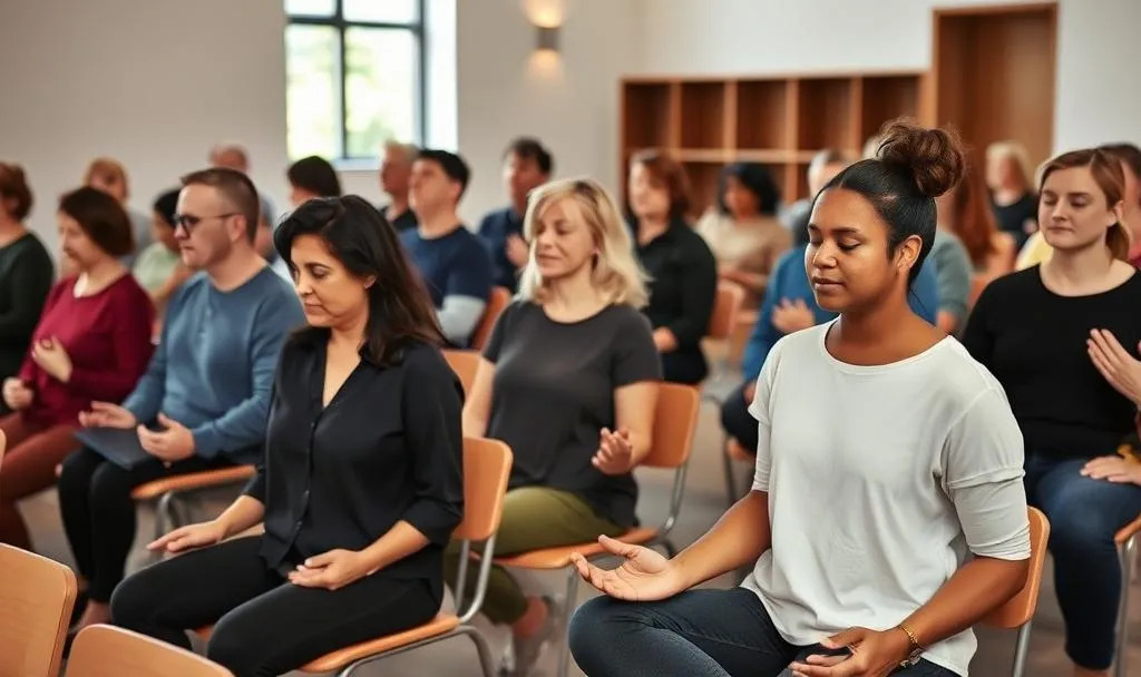 A diverse group of people sit quietly in chairs, eyes closed and hands open in meditation during a contemplative worship service filled with calm and stillness.