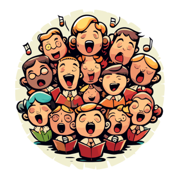 A joyful cartoon-style choir of diverse singers with open mouths raised in song, musical notes floating around them.