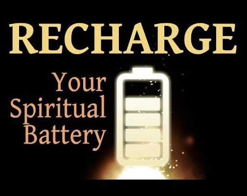 Golden text reading 'Recharge Your Spiritual Battery' with a glowing battery icon partially filled, symbolizing spiritual renewal and divine energy.
