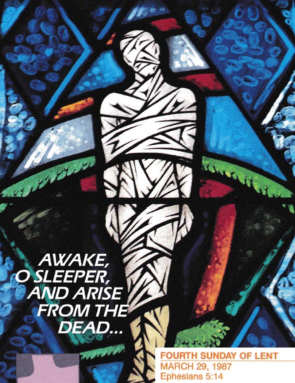 Stained glass Lazarus-style figure with 'Awake, O sleeper…'