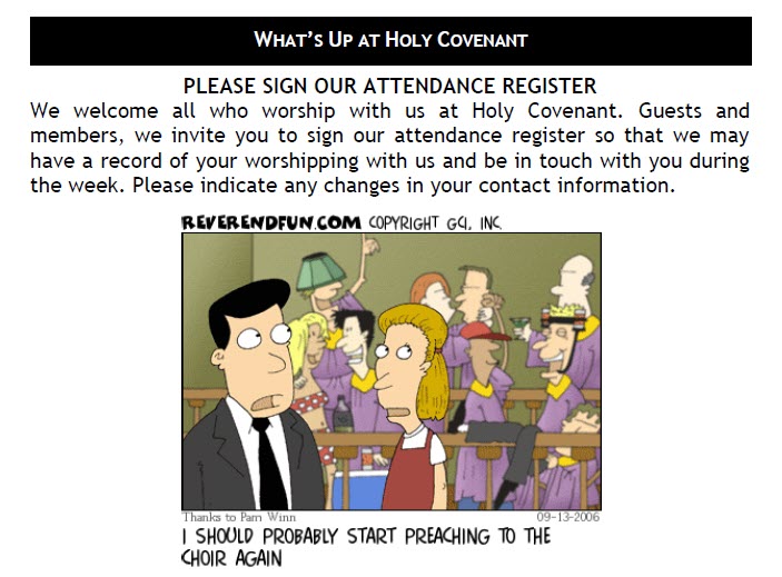 Cartoon of pastor and choir with line about preaching to the choir.