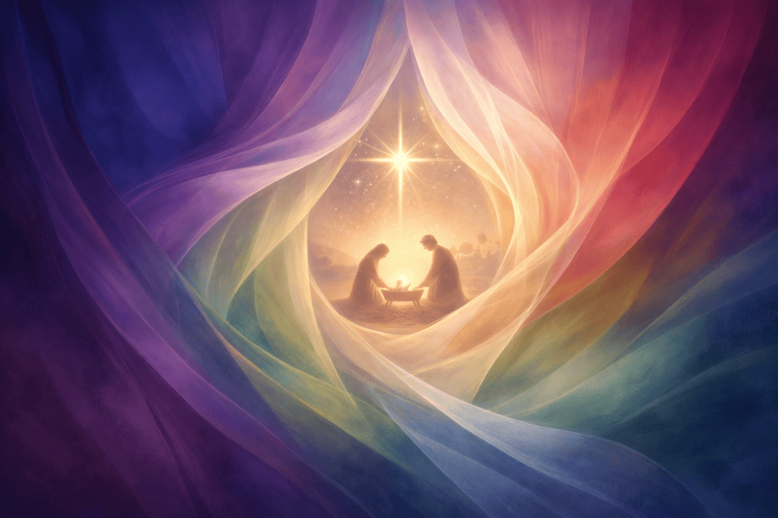 Abstract nativity artwork with Mary and Joseph silhouetted around the Christ child beneath a radiant star, emerging from flowing layers of UCC-inspired colors that cradle the scene in light and mystery.