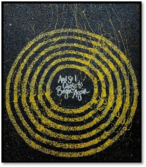 Abstract circular artwork with golden rings spiraling inward around the words 'And So I Chose to Begin Again,' symbolizing renewal, intention, and the courage to start anew.