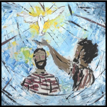 Baptism of Jesus artwork depicting Jesus in the waters of the Jordan, with the Spirit descending and a sense of sacred renewal and belovedness.