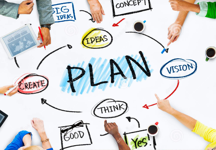 Planning meeting graphic with hands around a workspace and the word PLAN, representing collaborative visioning and shared ministry.