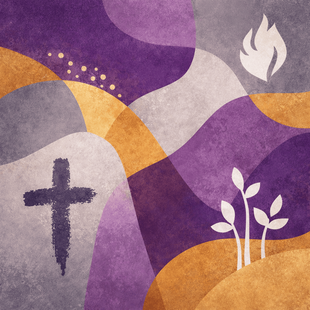Abstract purple-toned Lenten imagery suggesting reflection, honesty, and spiritual clarity.