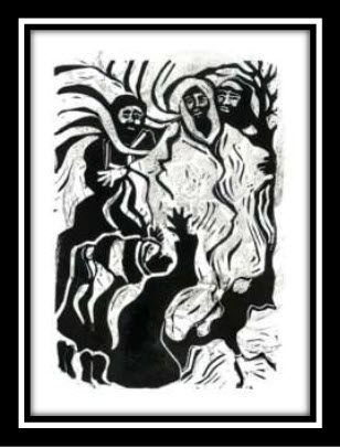 Transfiguration artwork: Jesus radiant on the mountain, accompanied by figures and a witness of holy light and transformation.