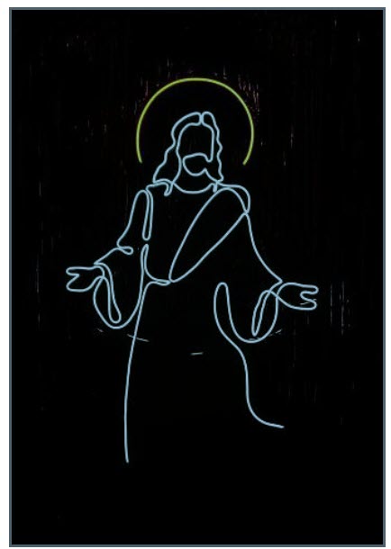 Artwork depicting Jesus with dark skin before a white church, inviting reflection on faith, power, and racial justice.