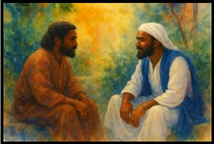Jesus in conversation with Nicodemus at night, seated face to face, illuminated by warm light against a darkened backdrop.