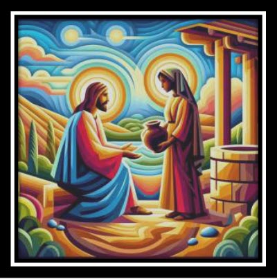 Colorful artwork depicting Jesus speaking with the Samaritan woman at the well, symbolizing living water, dignity, and sacred encounter.